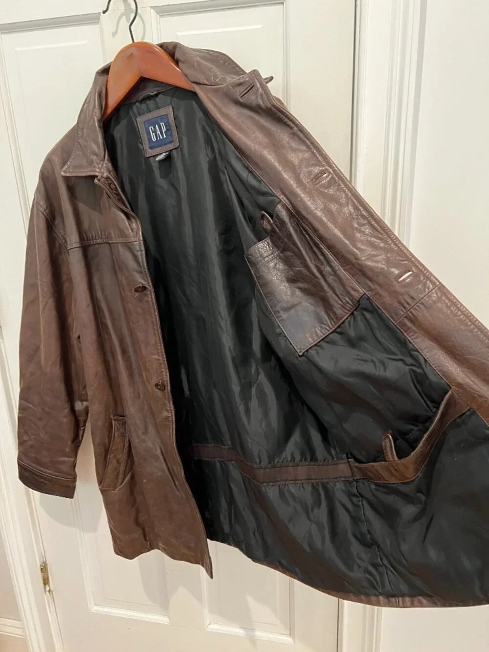 Gap Vintage Distressed Men’s Brown Leather Car Coat Jacket Button-Down Y2K